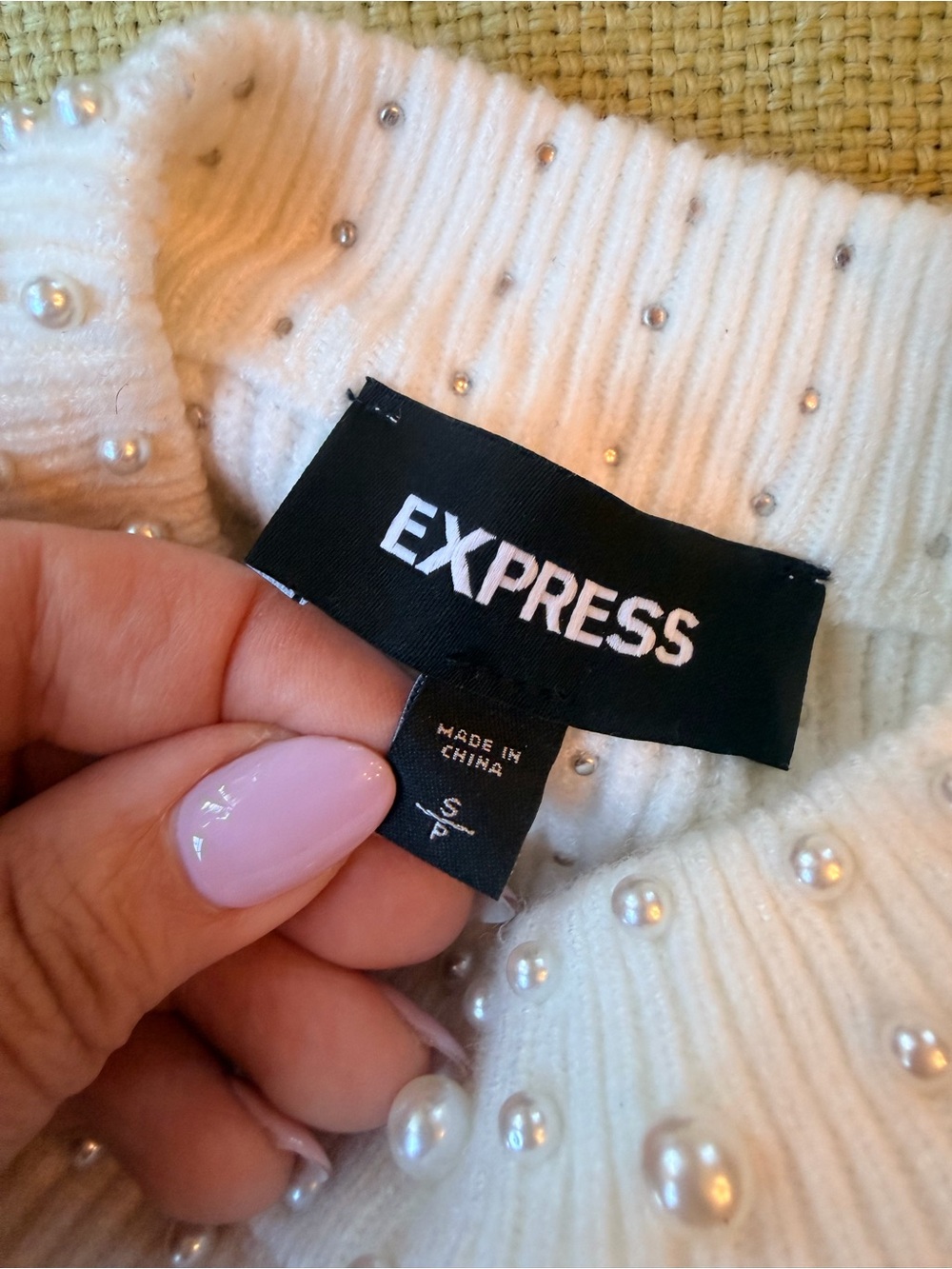 Express Pearl-Embellished Cream Ribbed Sweater - Picture 4 of 5